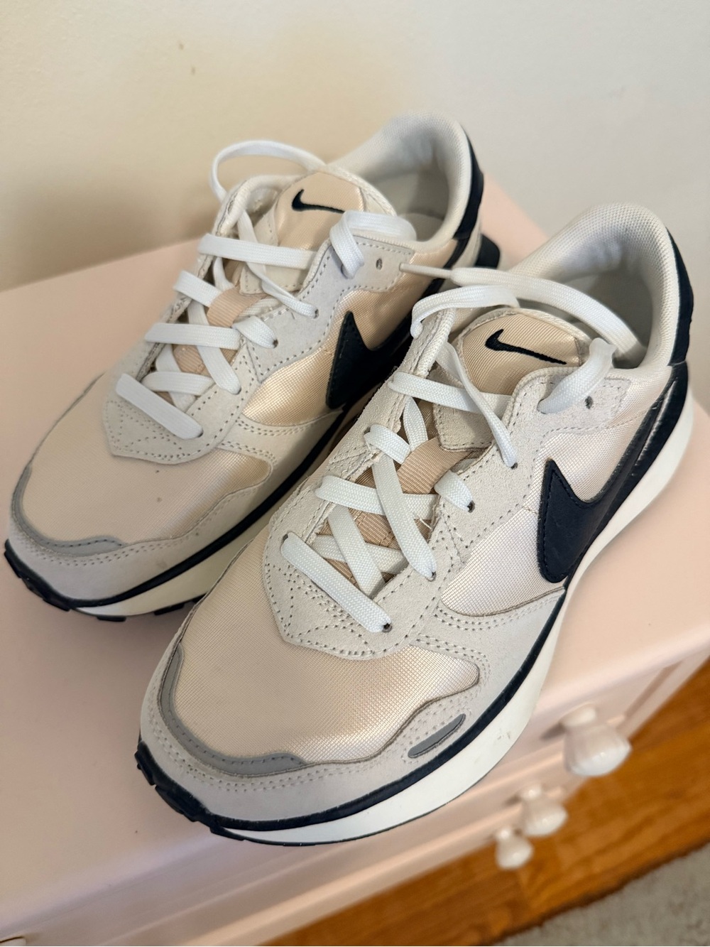 Nike Women's Cream and Black Running Sneakers with Swoosh